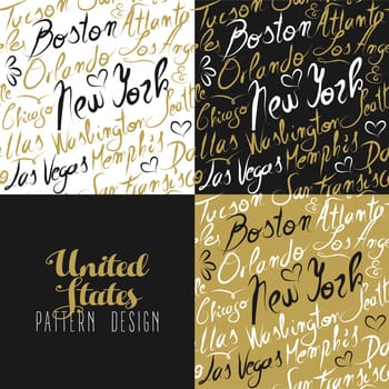 Travel America USA famous cities with handmade calligraphy. New york city, Chicago, Washington, Las Vegas, Los Angeles. Seamless pattern ideal for own design, wrapping paper or web. EPS10 vector..