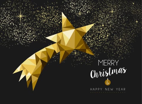 Merry christmas and happy new year fancy gold shooting star in hipster low poly triangle style. Ideal for xmas greeting card or elegant holiday party invitation. EPS10 vector.