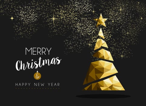 Merry christmas and happy new year fancy gold xmas tree in hipster low poly triangle style. Ideal for greeting card or elegant holiday party invitation. EPS10 vector.