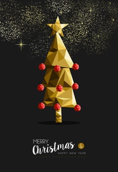 Merry christmas and happy new year fancy gold xmas pine tree in hipster triangle style. Ideal for greeting card or elegant holiday party invitation. EPS10 vector.