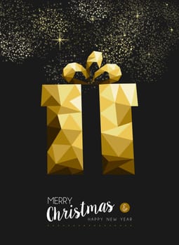 Merry christmas and happy new year fancy gold xmas gift in hipster triangle low poly style. Ideal for greeting card or elegant holiday party invitation. EPS10 vector.