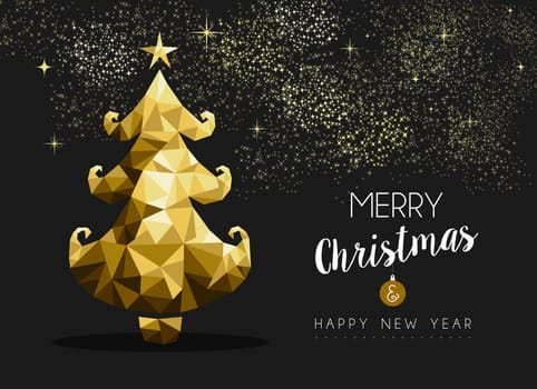 Merry christmas and happy new year fancy golden pine tree in hipster triangle style. Ideal for xmas greeting card or elegant holiday party invitation. EPS10 vector.