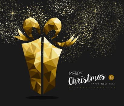 Merry christmas and happy new year fancy gold gift box in hipster triangle low poly style. Ideal for xmas greeting card or elegant holiday party invitation. EPS10 vector.