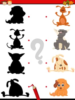 Cartoon Illustration of Educational Shadow Task for Children with Dogs Animal Characters