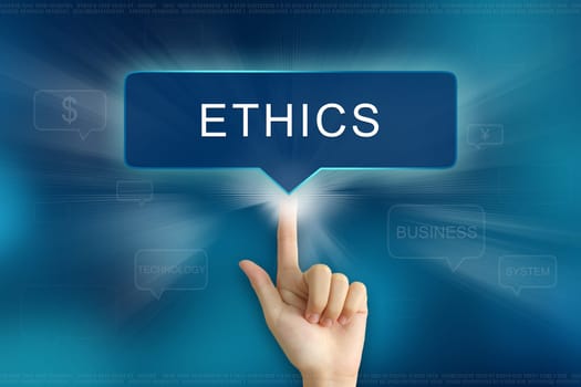 hand pushing on ethics balloon text button