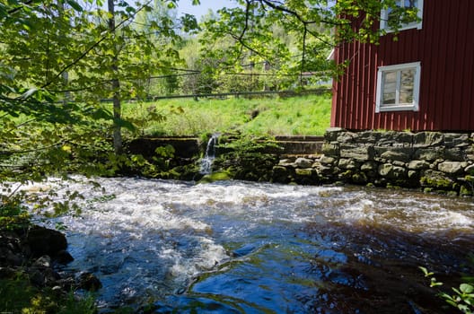 the dark water being foam in the river when it pass outside the house