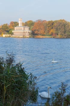 Sakrower church on the Jungfernsee with swans in the foreground