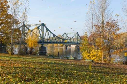Leaves fall from the trees to the ground in front of the Glienicker Bridge