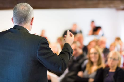 Speaker at Business Conference with Public Presentations. Audience at the conference hall. Entrepreneurship club. Rear view. Horisontal composition. Background blur.