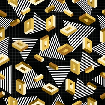 Retro vintage 80s 3d fashion style seamless pattern in fancy gold metallic color. Ideal for greeting card, paper print and web background. EPS10 vector.