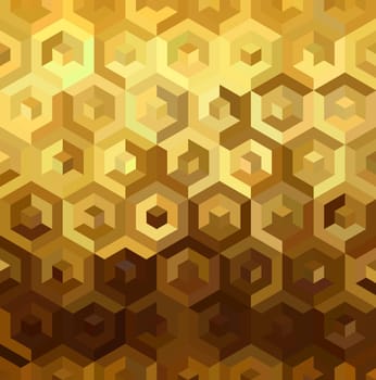 Fancy golden isometric 3d cube shape seamless pattern in low poly style. Ideal for web background, print, or greeting card. EPS10 vector.   .