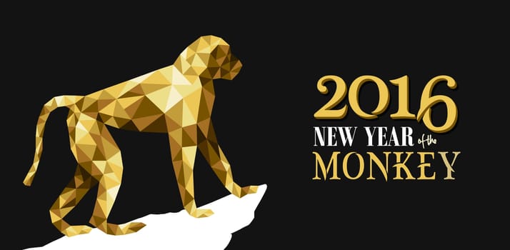 2016 Happy Chinese New Year of the Monkey with fancy golden low polygon triangle ape and label illustration. EPS10 vector.