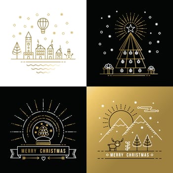Merry Christmas golden outline label set with winter city, xmas tree, snow globe, and reindeer elements. Ideal for holiday invitation or greeting card. EPS10 vector.