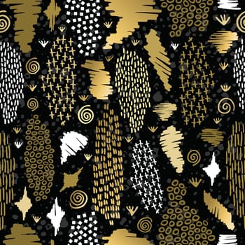 Fancy golden boho seamless pattern with retro tribal shapes on blackboard background. Ideal for greeting card design, print or web. EPS10 vector file.