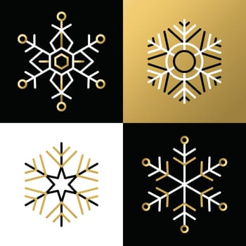 Set of elegant flat golden snowflakes in outline style. Ideal for christmas greeting card or app icon design. EPS10 vector file..