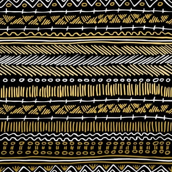 Fancy golden boho seamless pattern with retro tribal elements and lines on blackboard background. Ideal for greeting card design, print or web. EPS10 vector file.   .