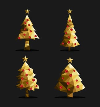 Set of polygon christmas pine trees low poly triangle style with xmas ornaments and star on top in gold metallic color. EPS10 vector.   .