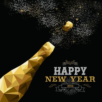 Happy new year 2016 fancy gold champagne bottle in hipster triangle low poly style. Ideal for greeting card or elegant holiday party invitation. EPS10 vector.