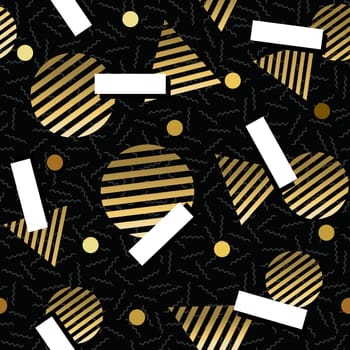 Retro vintage 80s geometry shapes seamless pattern in gold metallic color. Ideal for greeting card design, paper print and web background. EPS10 vector file.