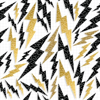 Fancy golden retro 80s fashion seamless pattern thunder bolt ray illustration background. Ideal for greeting card design, print or web. EPS10 vector file.