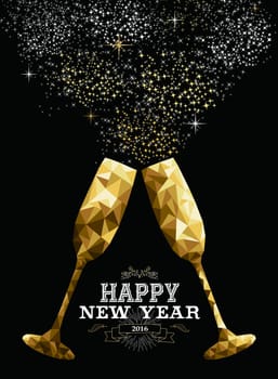 Happy new year 2016 fancy gold glasses making a toast in hipster triangle low poly style. Ideal for greeting card or elegant holiday party invitation. EPS10 vector.