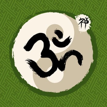 Enso Zen circle illustration in traditional hand drawn brush stroke style. Meditation symbol of Buddhism with om calligraphy. EPS10 vector file.