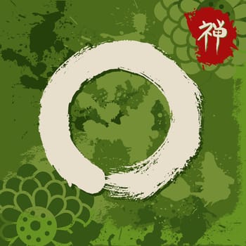 Enso Zen circle illustration in traditional hand drawn brush stroke style. Meditation symbol of Buddhism with calligraphy. EPS10 vector file.