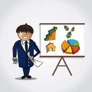 Business man doing a real estate presentation of graph trending upwards. EPS10 vector.
