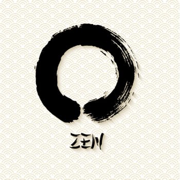 Enso Zen circle illustration in traditional hand drawn brush stroke style. Meditation symbol of Buddhism with calligraphy. EPS10 vector file.
