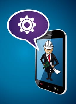 Business man engineer on mobile phone app, communication and networking ideas concept illustration. EPS10 vector file.