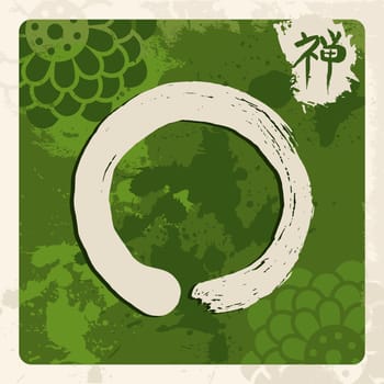Enso Zen circle illustration in traditional hand drawn brush stroke style. Meditation symbol of Buddhism with calligraphy. EPS10 vector file.