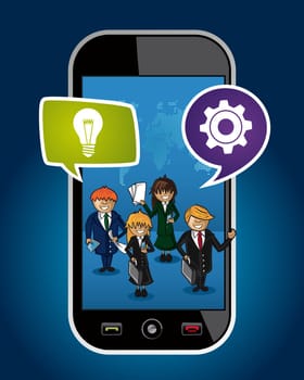 Business people on mobile phone with map background, communication and networking around the world concept illustration. EPS10 vector file.
