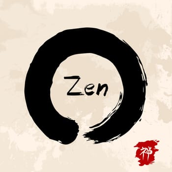 Enso Zen circle illustration in traditional hand drawn brush stroke style. Meditation symbol of Buddhism with calligraphy. EPS10 vector file.