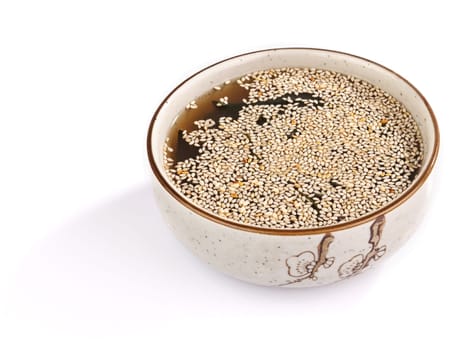 mushroom soup with seaweed on white