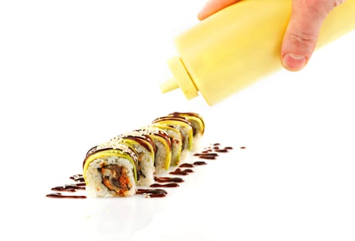 Traditional japanese sushi  with sous isolated on white background