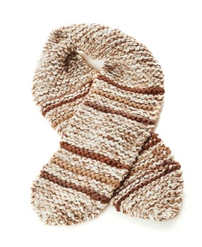 Knitted brown and white scarf isolated on a white background
