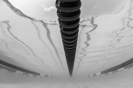 Underwater upward of swimming pool race gala lane markers.