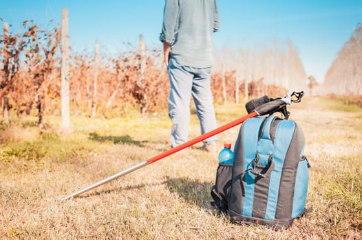 Backpack and sticks to do nordic walking on country roads.