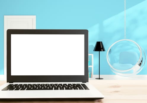 laptop computer white screen on wood desk
