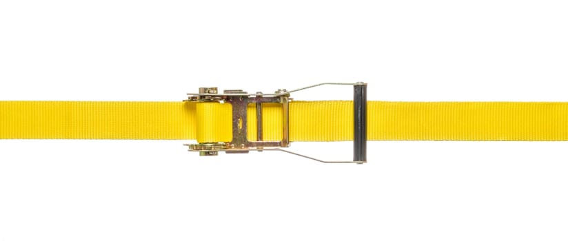 Yellow zurrgurt with ratchet against a white background