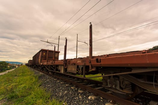 Diagonal view of a freight train stopped