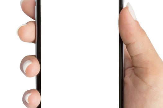 close up hand holding phone white screen isolated white with clipping patch