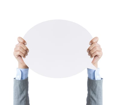 business hand holding speech word paper banner isolated clipping path