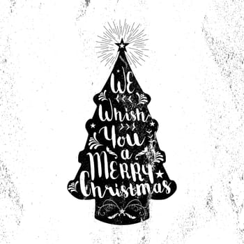 Merry christmas black and white hipster pine tree shape on paper texture background with vintage elements. Ideal for xmas greeting card or elegant holiday party invitation. EPS10 vector.    .
