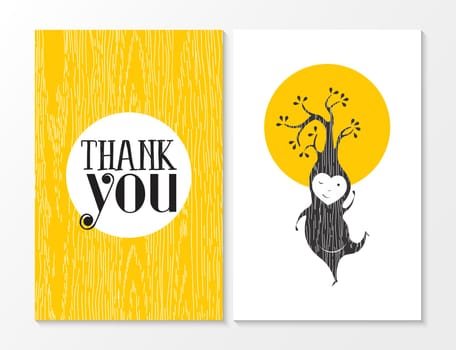 Thank you greeting card set with yellow wood texture background and happy tree elf dancing. Ideal for thanksgiving day or friend. EPS10 vector.