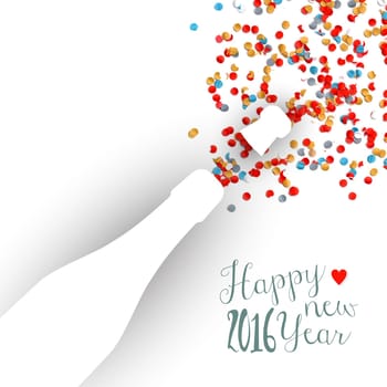 Happy New Year eve 2016 colorful celebration champagne bottle and confetti background. Ideal for holiday greeting card or party invitation. EPS10 vector.