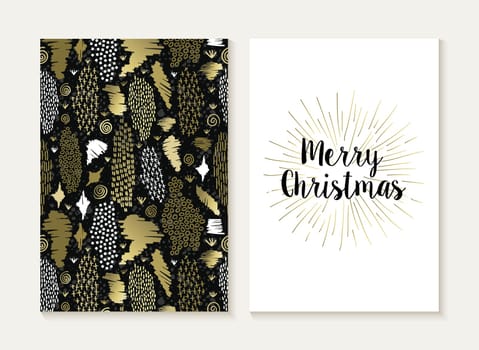 Merry Christmas card template set with retro tribal style seamless pattern and trendy Xmas text in gold metallic color. Ideal for holiday greetings. EPS10 vector.