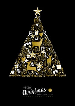 Merry christmas happy new year luxury golden pine tree shape on black background with deer and vintage elements. Ideal for xmas greeting card or elegant holiday party invitation. EPS10 vector.