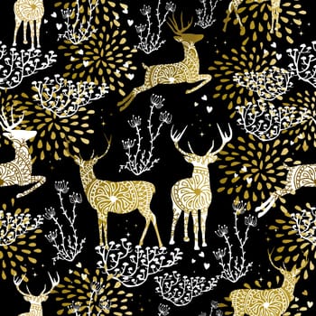 Christmas fancy gold seamless pattern with deer and nature elements on black background. Ideal for xmas card design, holiday wrapping paper or print. EPS10 vector.