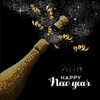 Happy new year 2016 fancy gold champagne bottle celebration in mosaic style. Ideal for holiday card or elegant party invitation. EPS10 vector.   .